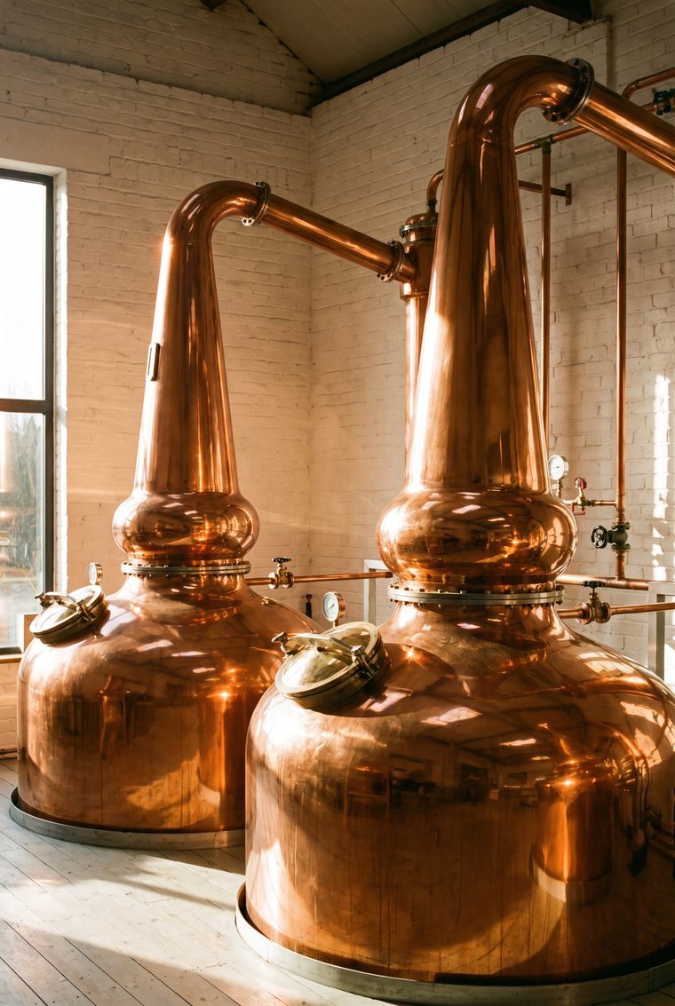Copper pot stills in a craft distillery