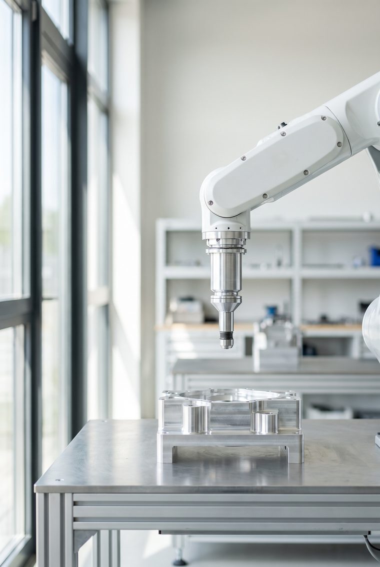 Robotic arm over a steel workbench in a bright workshop