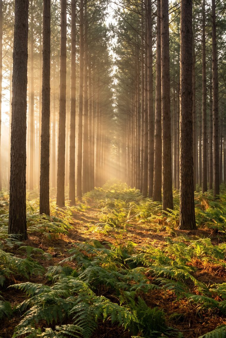 Rows of tall pines with morning sun between the trunks
