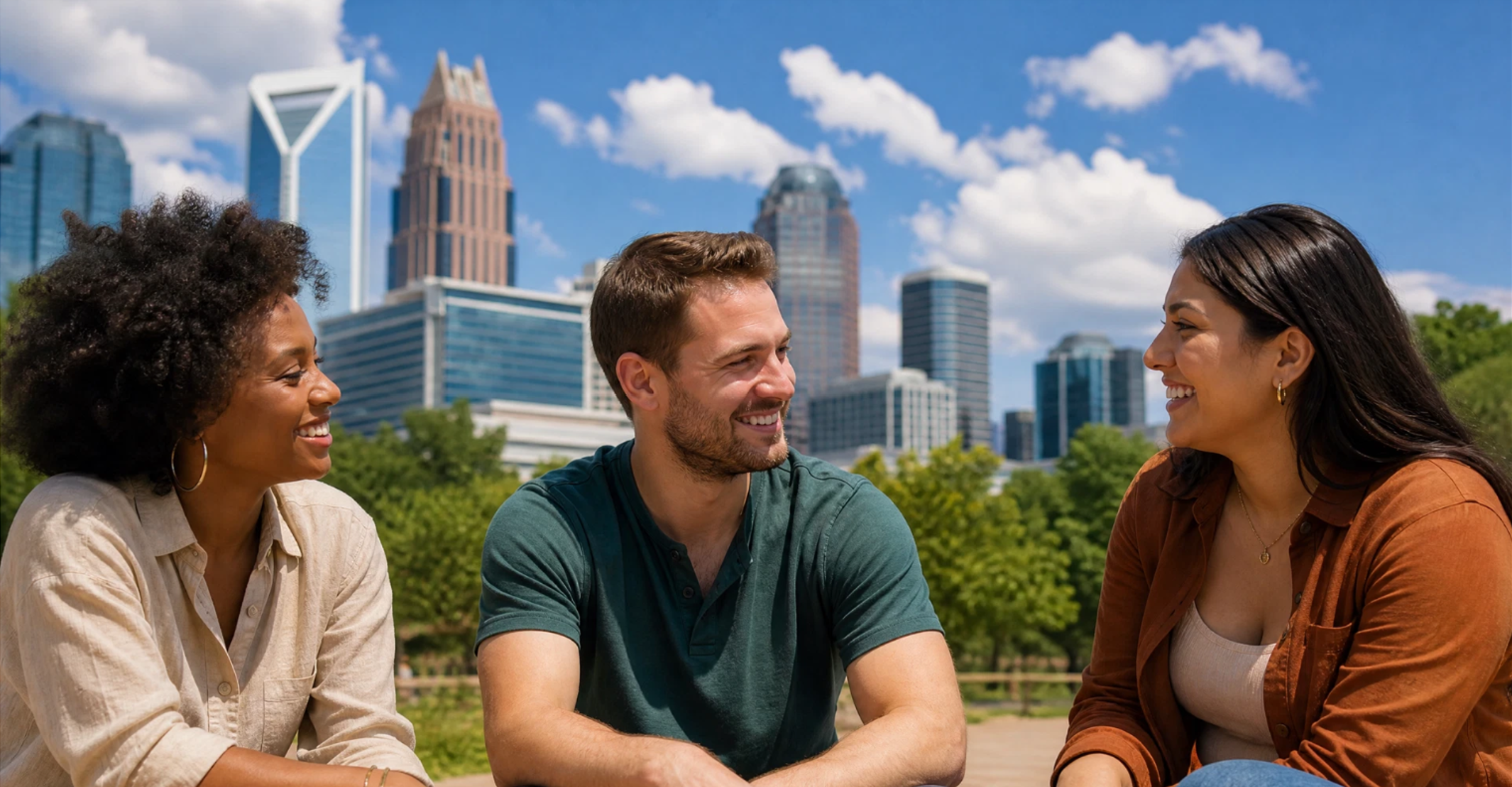 Three people connecting outdoors with the Charlotte skyline behind them.
