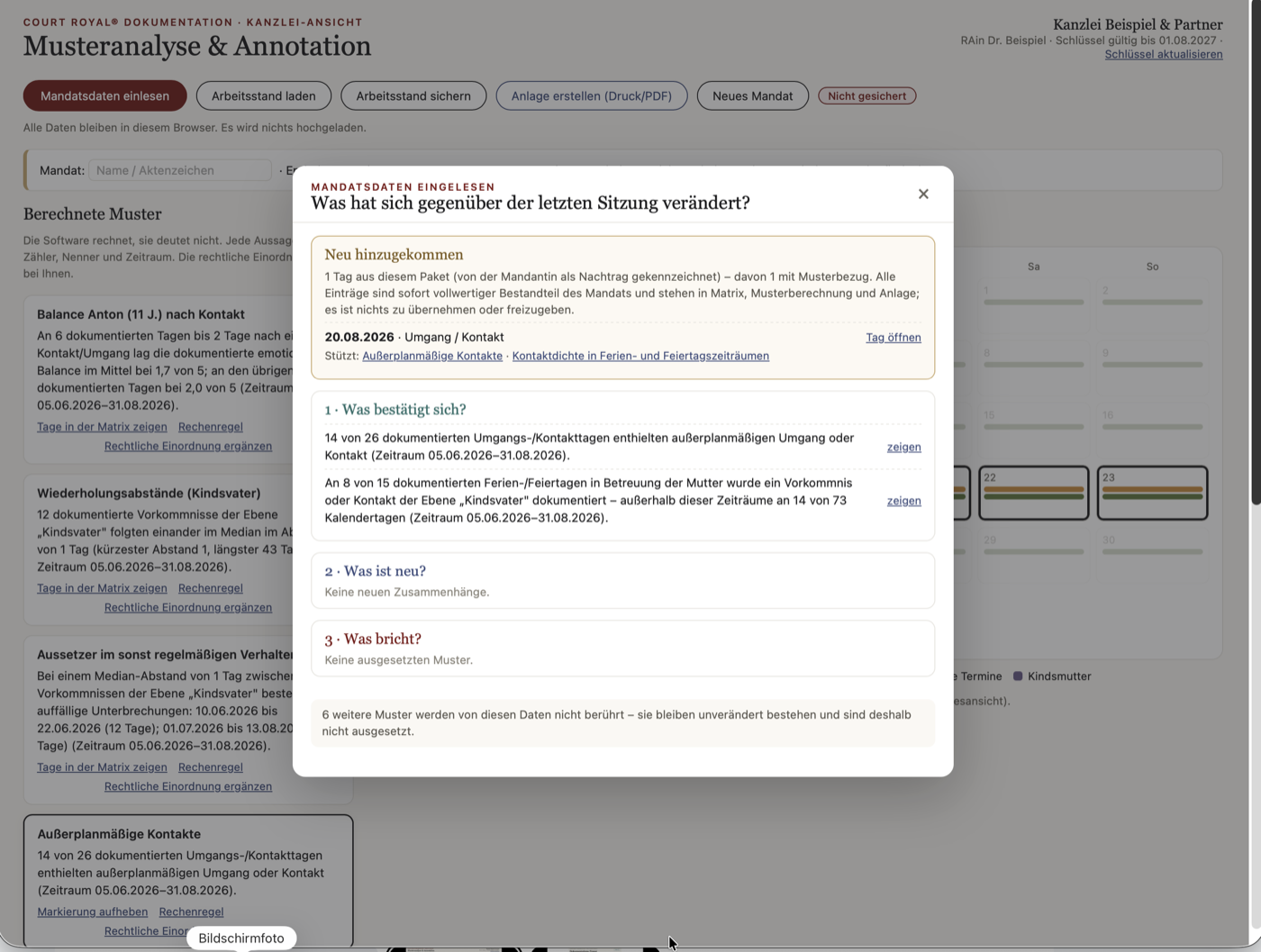 Dialog nach dem Einlesen neuer Mandatsdaten: was bestätigt sich, was ist neu, was bricht