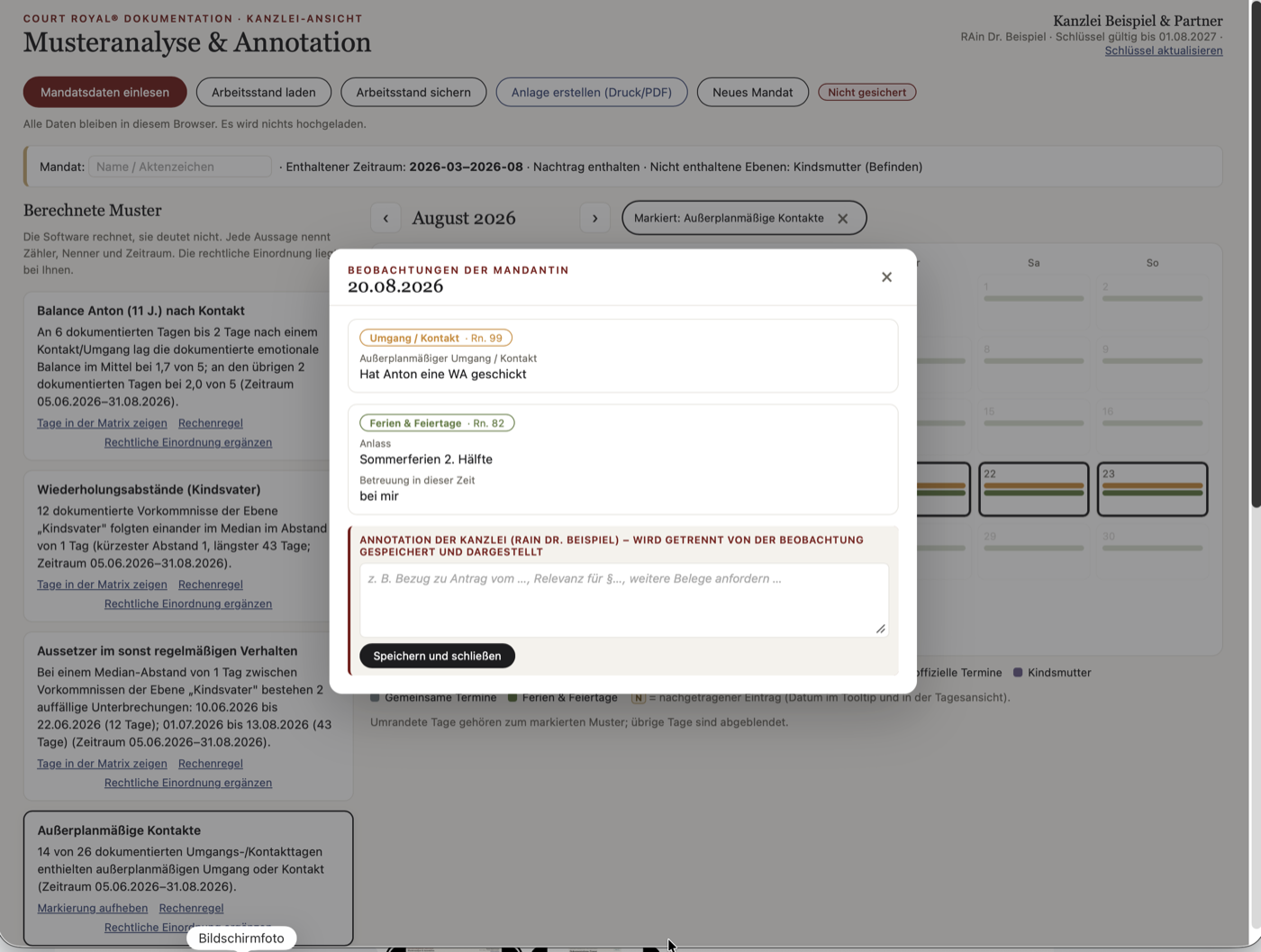 Tagesansicht mit Randnummern, Beobachtungen der Mandantin und getrenntem Annotationsfeld der Kanzlei