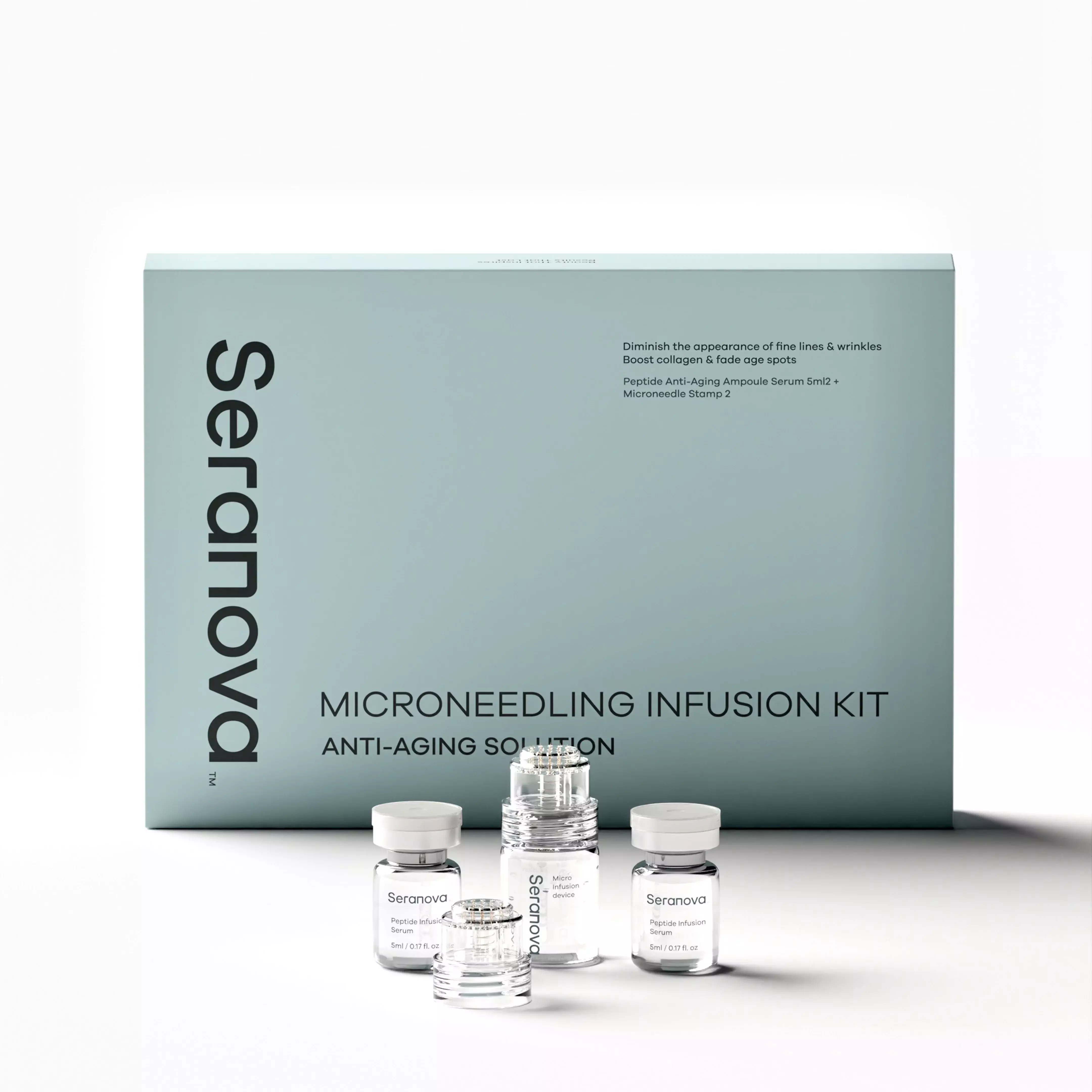 Seranova Microneedling Infusion Kit with ampoules and packaging for anti-aging solution.