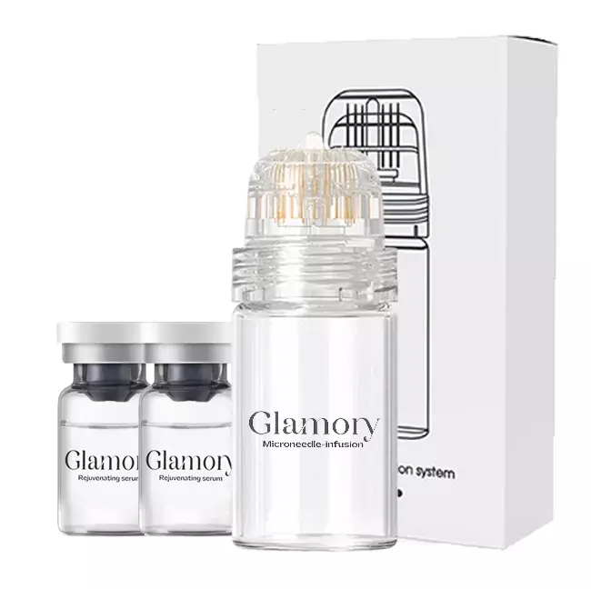 Glamory microneedle infusion system with two vials of rejuvenating serum and box packaging.