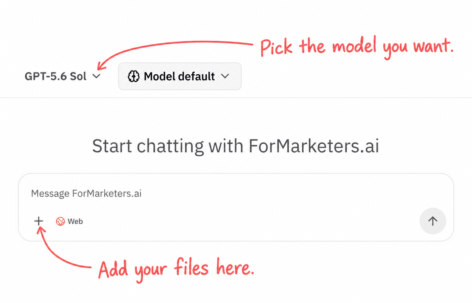 ForMarketers workspace with annotations showing where to choose an AI model and add files.