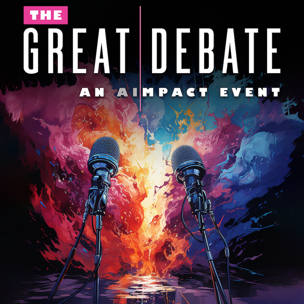 Great Debate, two mics with abstract art, AImpact Event