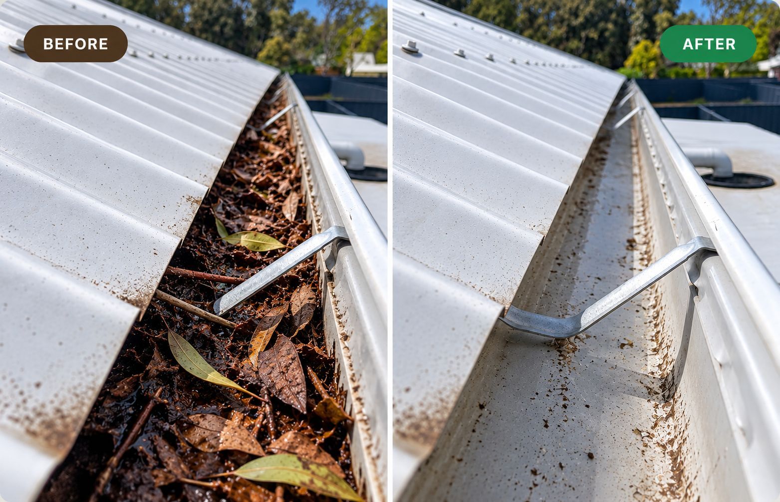 Before and after: a gutter packed with wet leaves and sludge, and the same gutter cleaned out