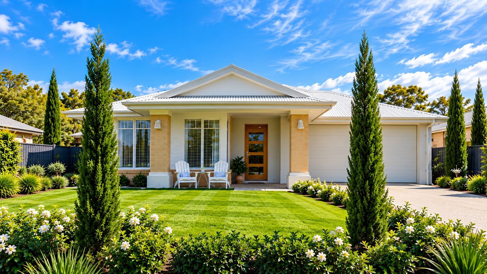 White single-storey home with a white Colorbond roof, clean gutters and a manicured front garden