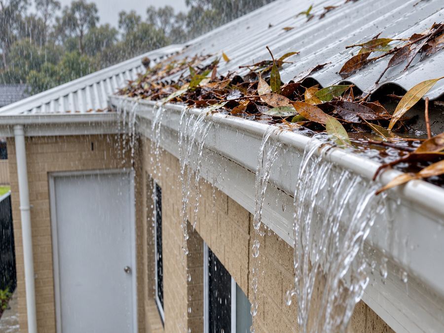 Rain pouring over a gutter blocked with leaves