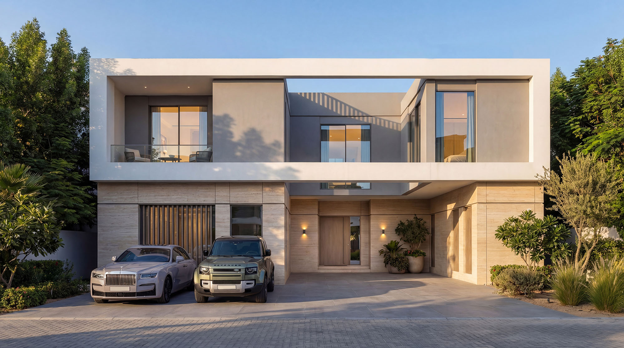 Villa front elevation with covered parking