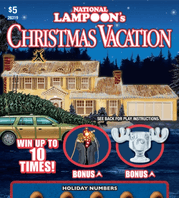 Scratch ticket themed after National Lampoon’s Christmas Vacation featuring a decorated house with lights, a car parked out front, a figure on the roof, and bonus icons including a moose mug and holiday wreath.