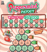 Scratch ticket titled ‘Peppermint Payout’ with red and white peppermint candy graphics, circular play areas, and bonus gift icon on a pink swirl background.