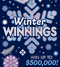  Scratch ticket titled ‘Winter Winnings’ featuring a large blue shiny snowflake design with ornaments and stars on a dark blue background.
