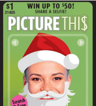 Scratch ticket titled ‘Picture Thi$’ showing a person with illustrated Santa hat and beard over their face on a green background.