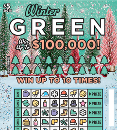 Scratch ticket titled ‘Winter Green’ with rows of colorful holiday icons such as trees, mittens, and stars on a snowy teal background.