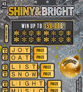 Scratch ticket titled ‘Shiny & Bright’ with silver pine branches, gold ornaments, and word puzzle layout featuring holiday words like joy, snow, and music. 