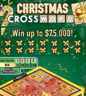 “Scratch ticket titled ‘Christmas Crossword’ featuring a crossword puzzle cube with letters and prize amounts, green background with gold bow graphics.”