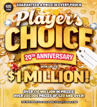 Scratch ticket titled ‘Player’s Choice 20th Anniversary’ featuring stacks of gold bars, coins, and gemstones with bold gold lettering and prize details.