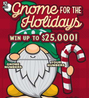 Scratch ticket titled ‘Gnome for the Holidays’ showing a cartoon gnome in a green hat holding a candy cane on a red festive background.