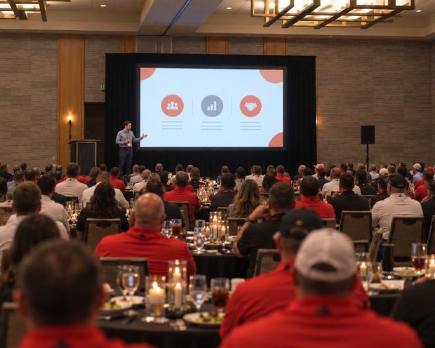 Michael Razeghi presenting a growth plan to a full room of field and sales teams