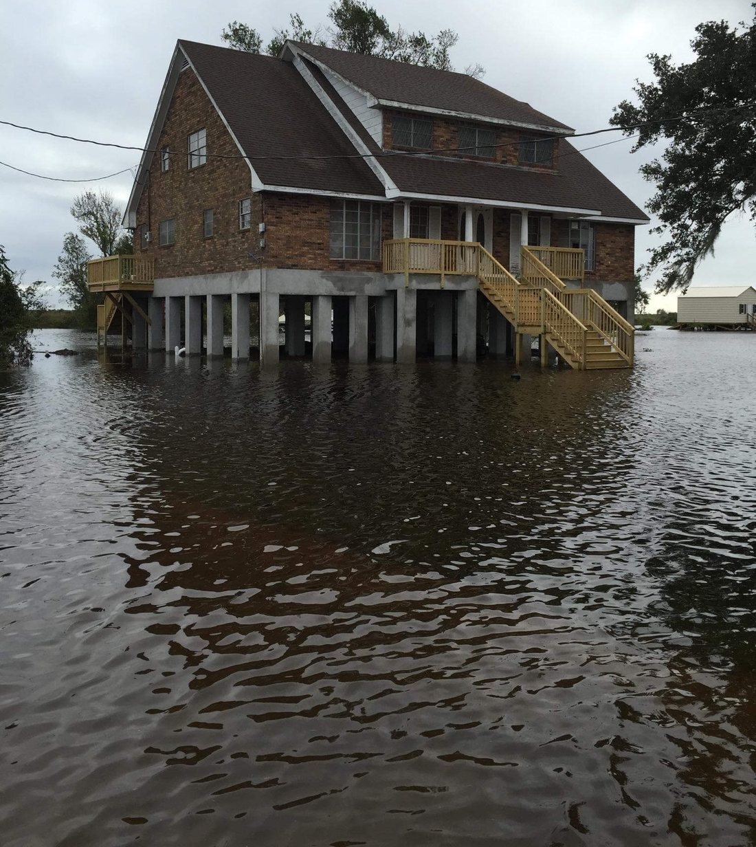 An Olshan elevated home standing above floodwater