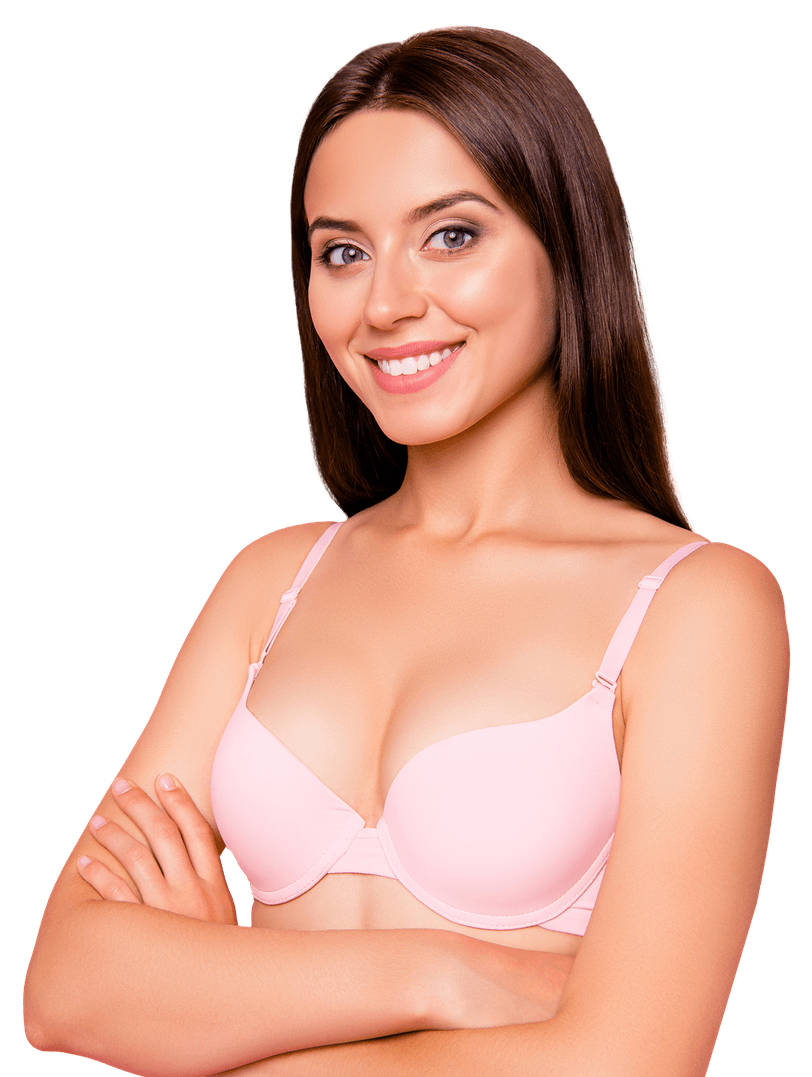 Beautiful charming attractive cheerful woman with brunette hair and flawless fresh smooth perfect skin confidently posing with arms crossed wearing a light pink bra.