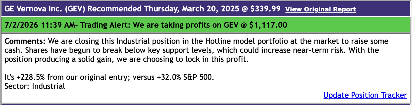 GEV trading alert, taking profits at $1,117.00