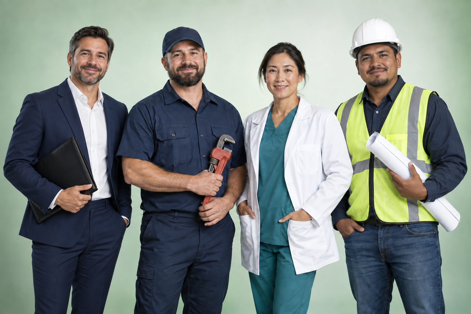 A lawyer, plumber, plastic surgeon, and construction professional standing together