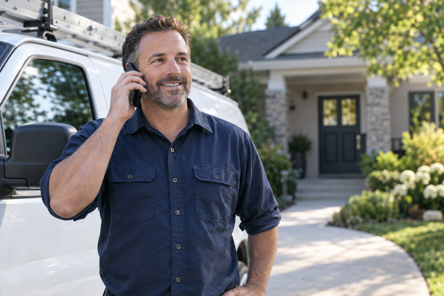 A service-business owner taking a phone call beside a work van