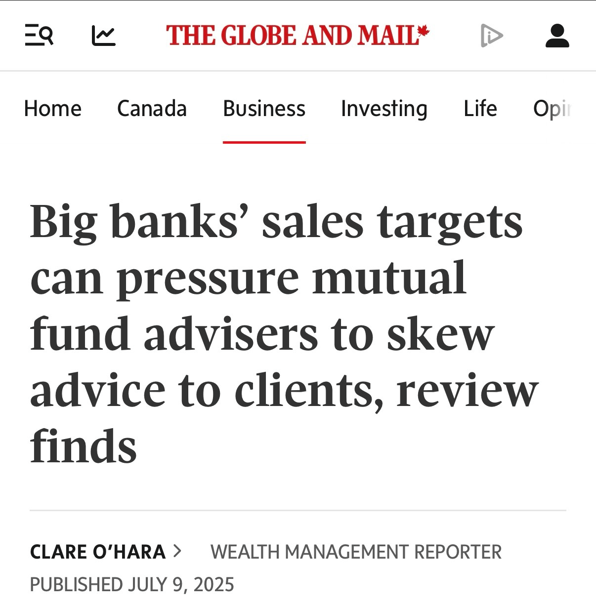 Screenshot of a news story about the regulatory investigation of the big banks