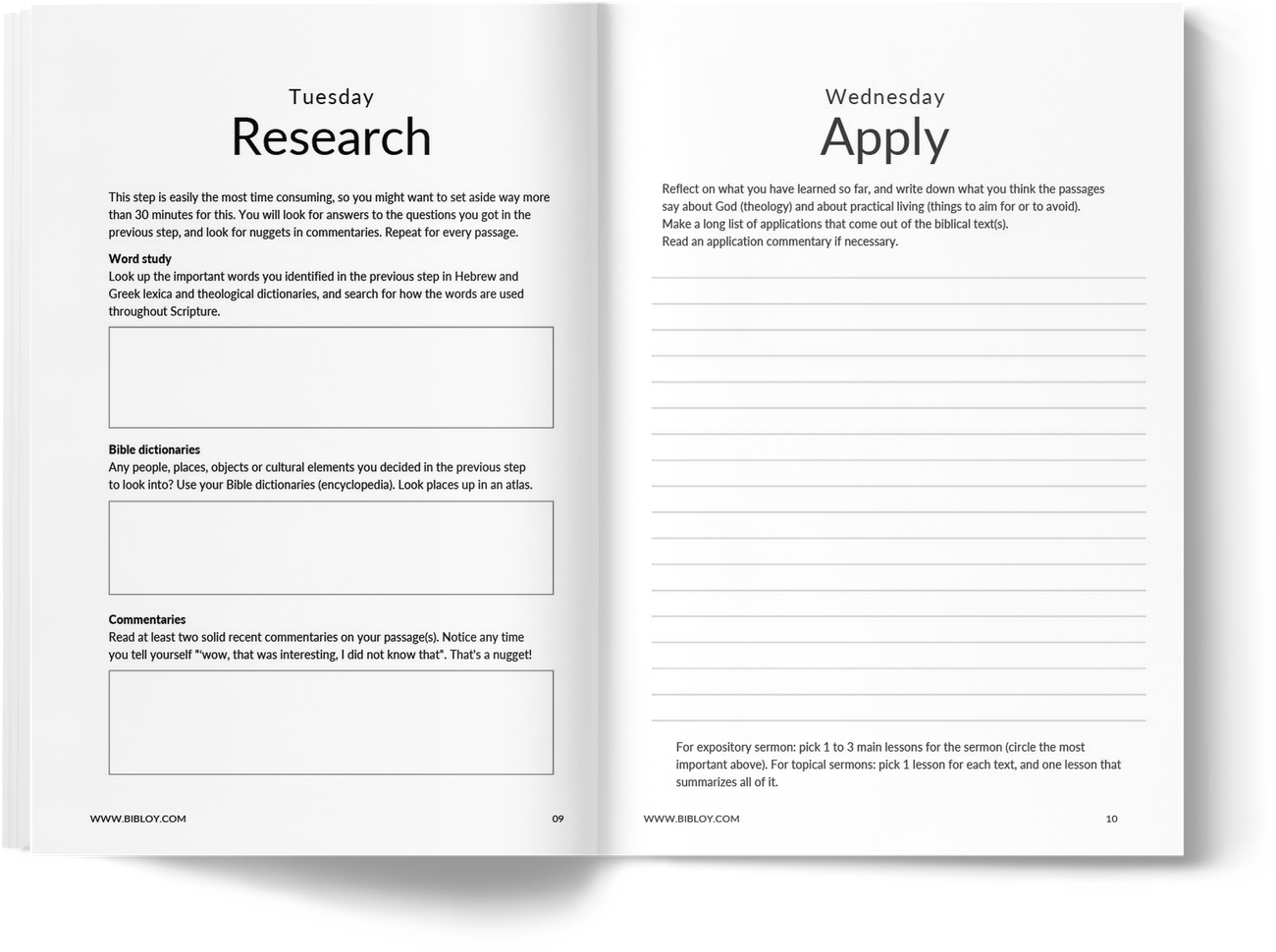 Workbook spread: Tuesday Research and Wednesday Apply