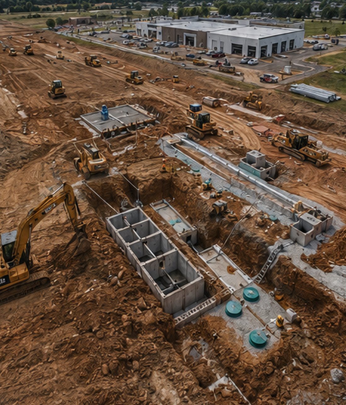 Aerial view of a commercial site under development with mass grading, storm structures and septic infrastructure in progress