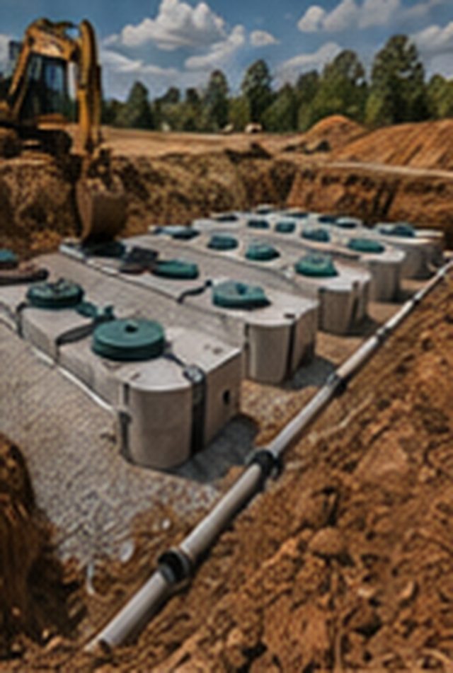 Commercial septic tanks set on gravel in an open excavation