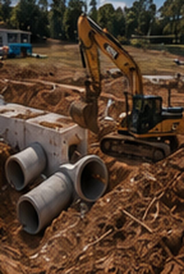Excavator setting concrete storm structures and drainage pipe