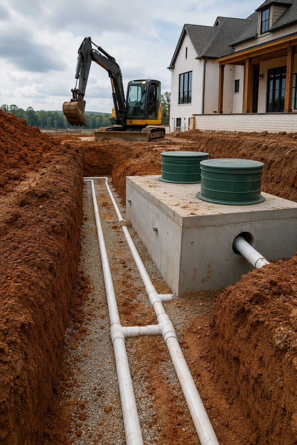 Septic tank, distribution lines and gravel bed installed beside a new custom home