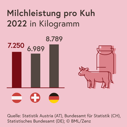 Die Grafik zeigt die durchschnittliche Milchleistung einer österreichischen, einer schweizerischen und einer deutschen Kuh im Jahr 2022: eine österreichische Kuh ab durchschnittlich 7.250 Kilogramm Milch, eine schweizerische 6.989 Kilogramm und eine deutsche 8.789 Kilogramm.