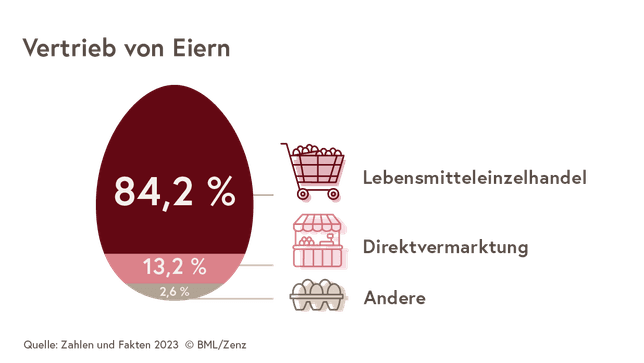 Die Grafik zeigt die Vertriebswege von Eiern: 84% LEH, 13% Direktvermarktung, der Rest andere Wege